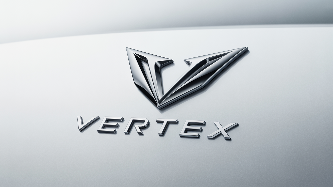 A sleek, chrome logo for a fictional luxury car brand named 'VERTEX', featuring a stylized V-shaped emblem above the brand name, all set against a clean white background.