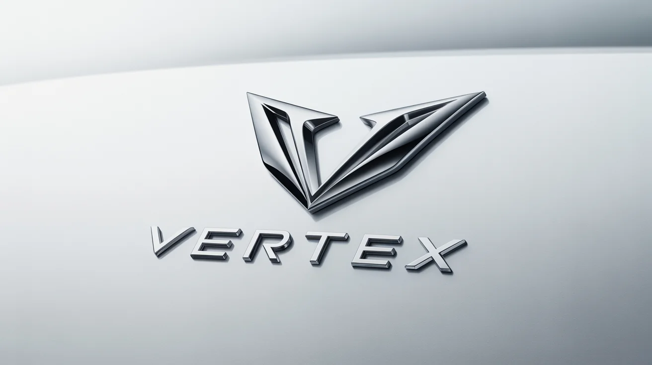 A sleek, chrome logo for a fictional luxury car brand named 'VERTEX', featuring a stylized V-shaped emblem above the brand name, all set against a clean white background.