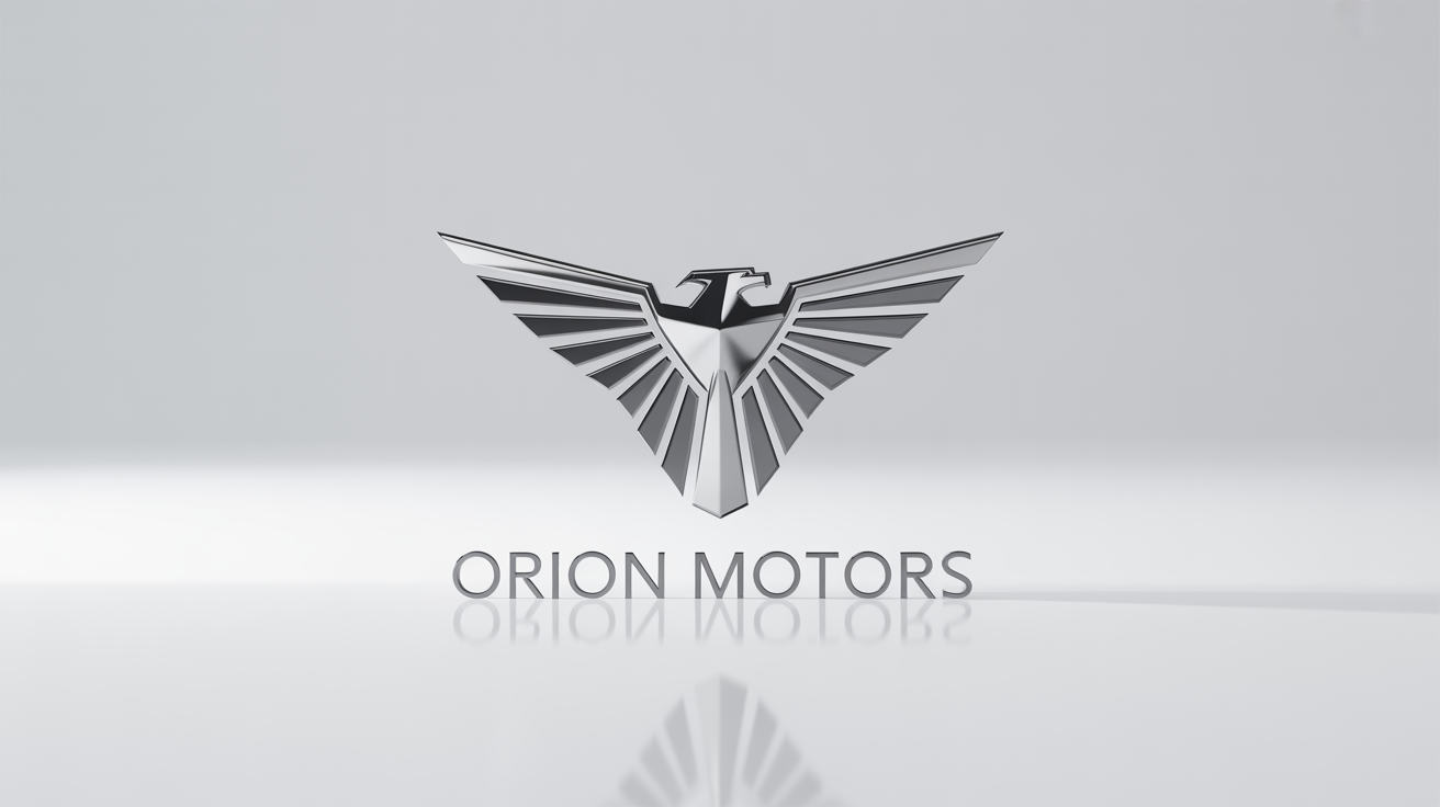 A 3D rendered logo for a fictional car brand, 'Orion Motors,' featuring a chrome and titanium eagle emblem, set against a clean white background.