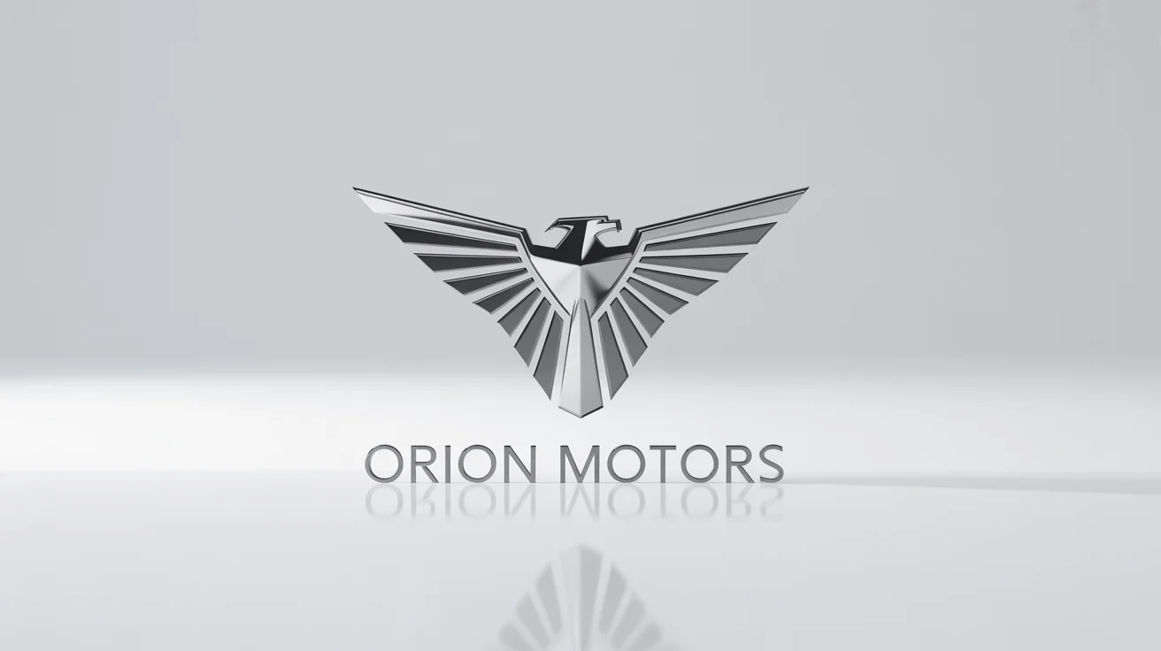 A 3D rendered logo for a fictional car brand, 'Orion Motors,' featuring a chrome and titanium eagle emblem, set against a clean white background.