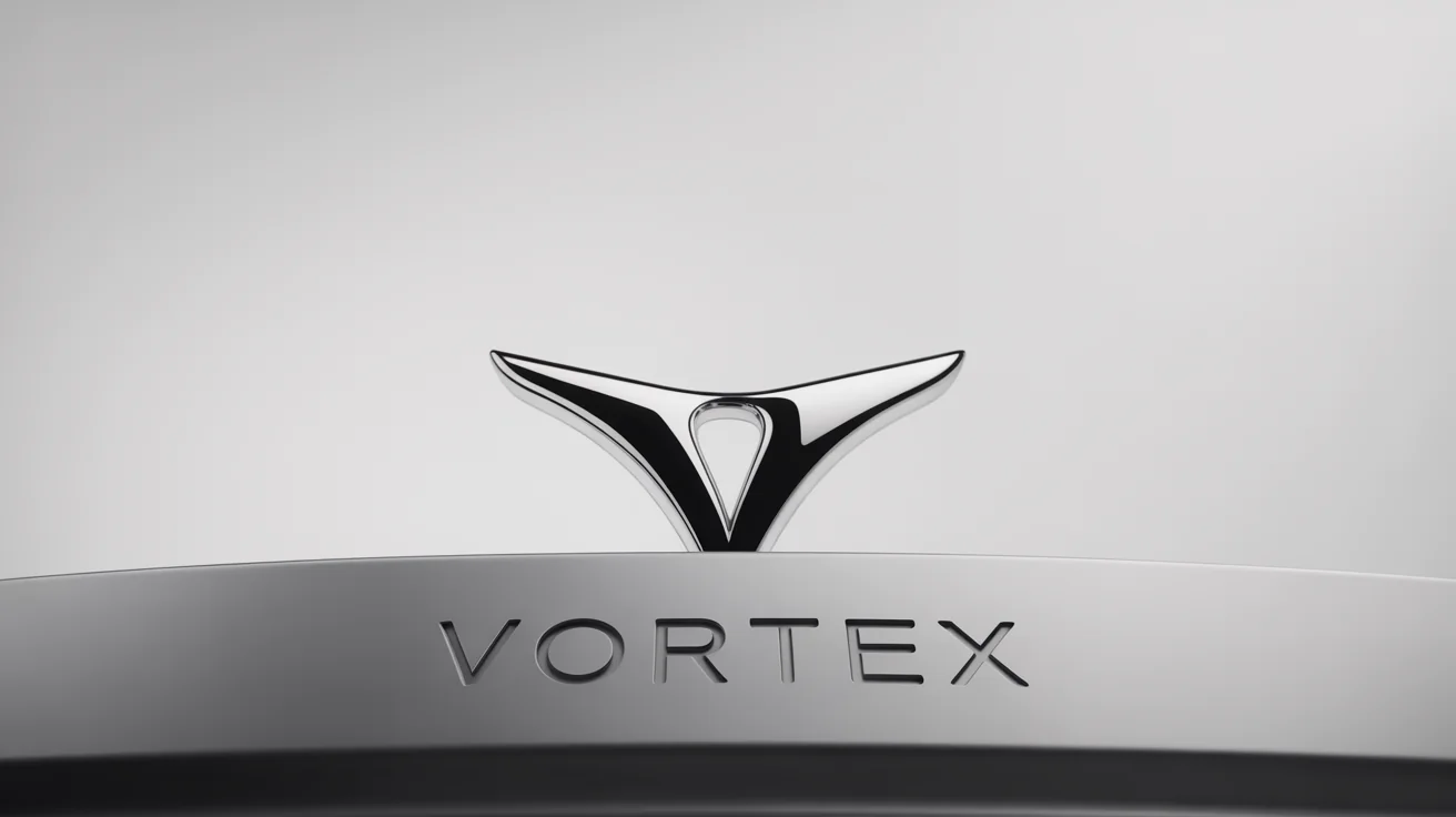 A hyperrealistic mockup of a sleek, chrome car logo for the fictional brand 'VORTEX', presented on a minimalist white background.