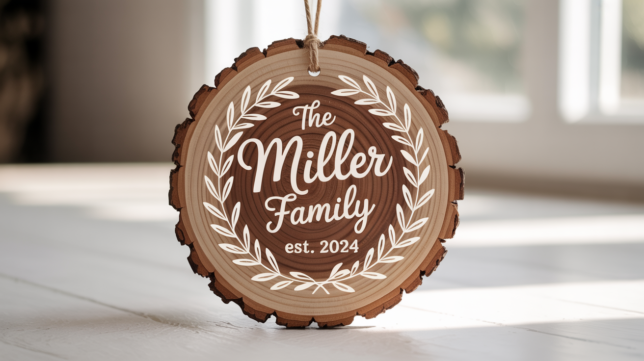 A professionally photographed round wood slice with natural bark, engraved with the text 'The Miller Family, Est. 2024' and decorative olive branches, sitting on a clean white surface.