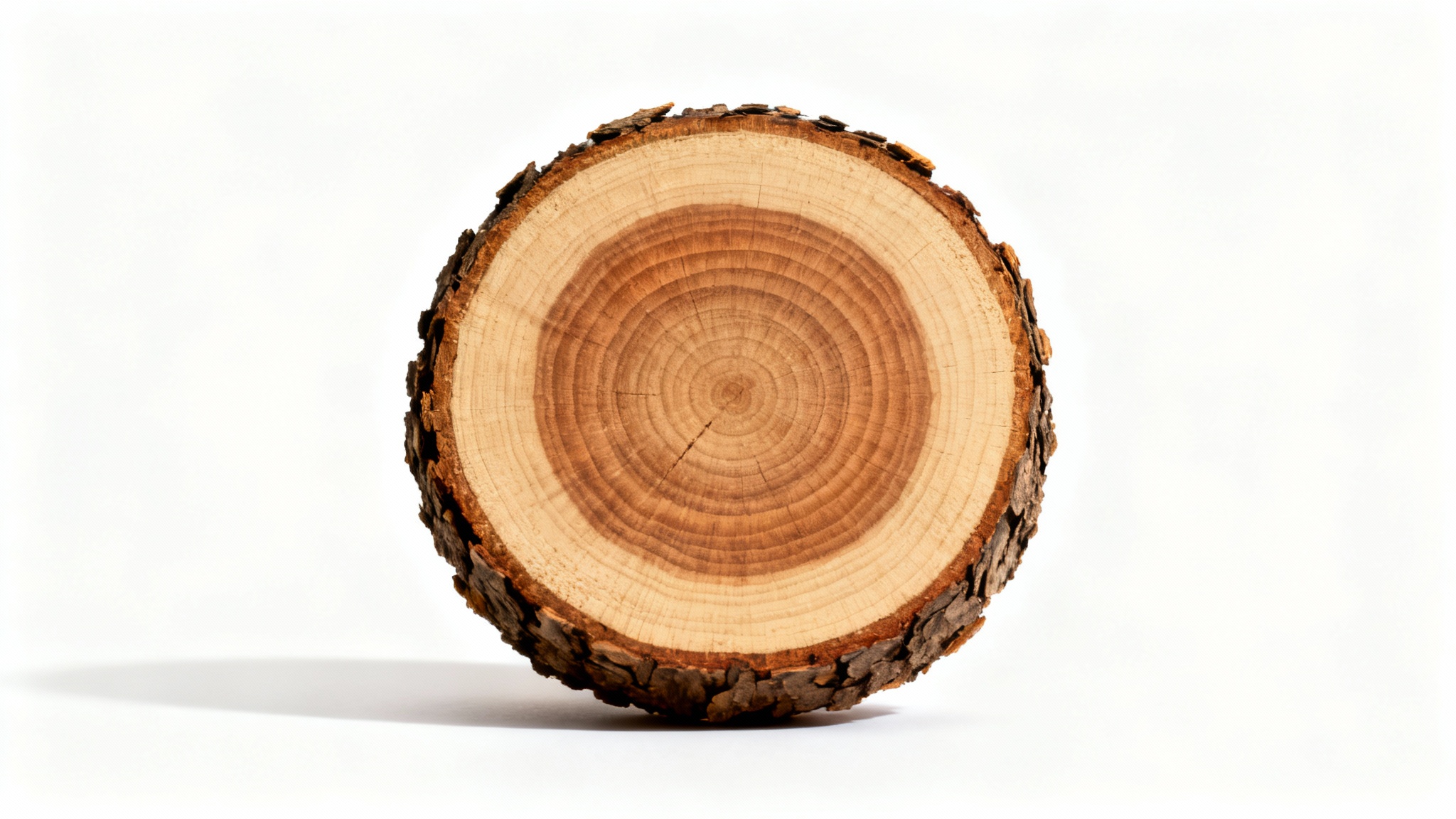 A photorealistic product mockup of a smooth, sanded wood slice with intact bark and visible growth rings, displayed on a clean white background.