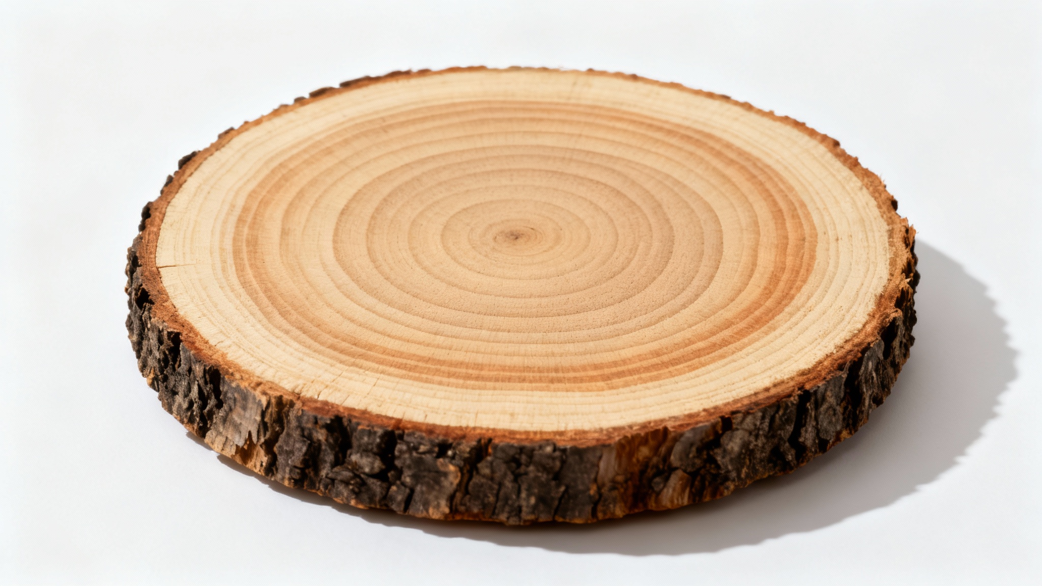 A photorealistic product image of a single, circular wood slice with intact dark bark, showcasing its detailed growth rings on a clean white background.