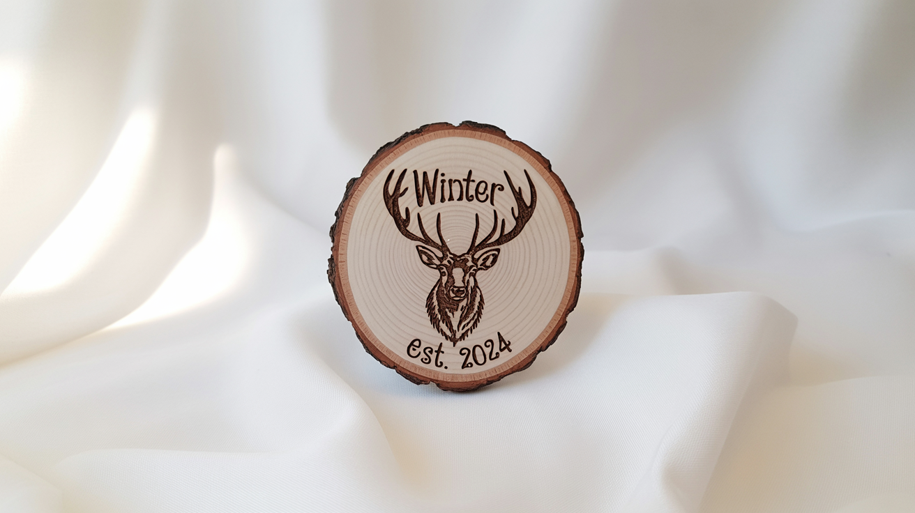 A rustic wood slice ornament featuring a wood-burned design of a stag's head, with the words 'Winter' and 'Est. 2024', set against a clean white background.