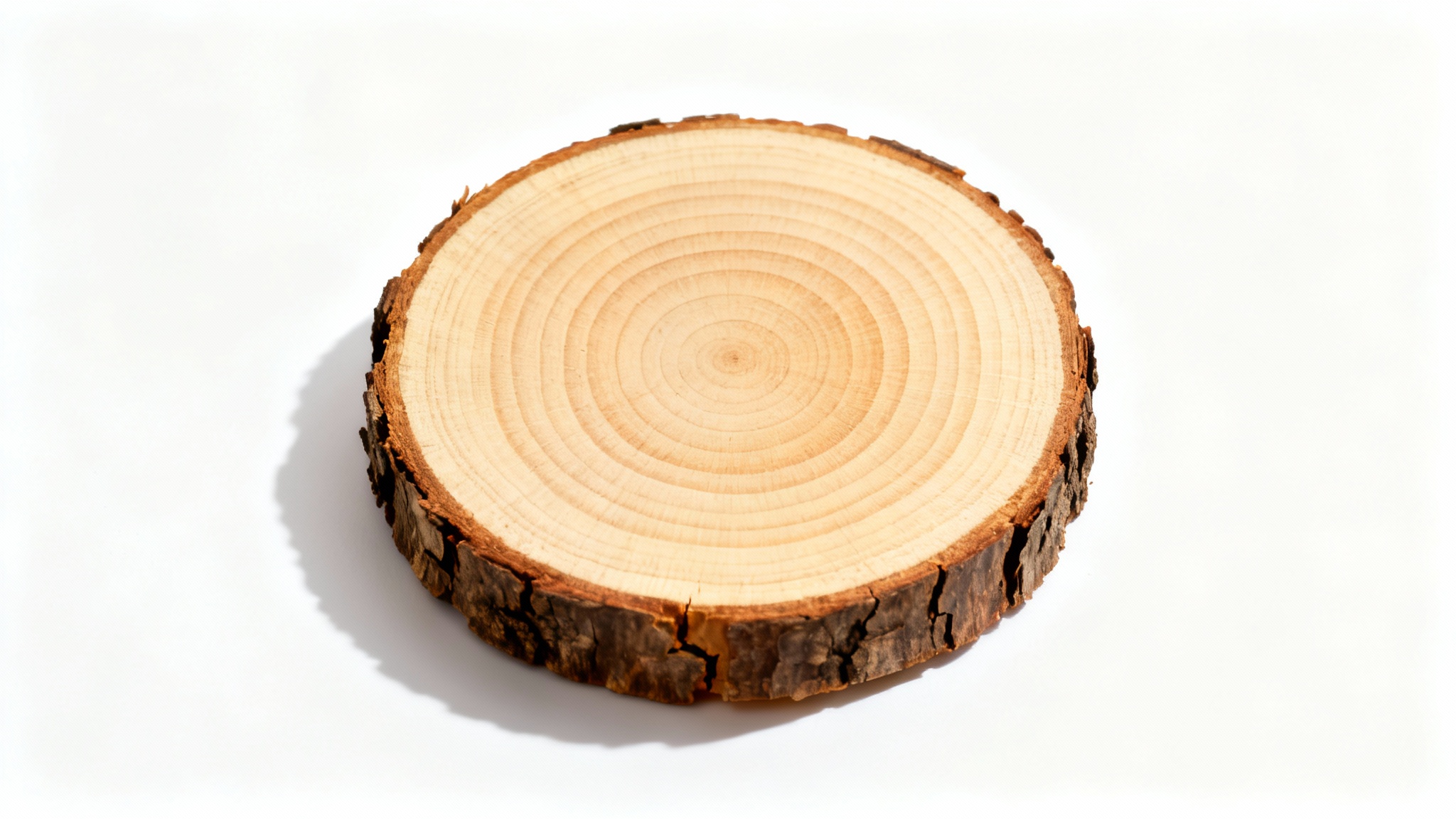 A detailed, high-quality image of a single wood slice with visible tree rings and a dark bark edge, presented on a clean white background.