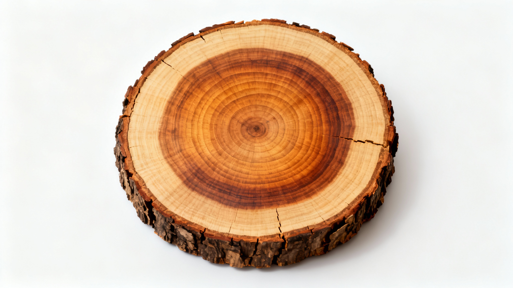 A photorealistic mockup of a single circular wood slice with detailed growth rings and a textured bark edge, presented on a clean white background.