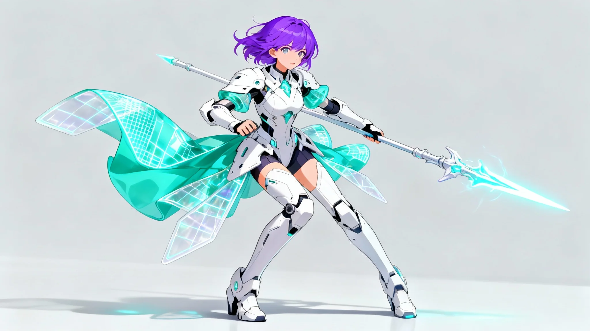 A full-body anime illustration of a female character in a detailed, futuristic magical girl outfit, showcasing a finished character design concept.