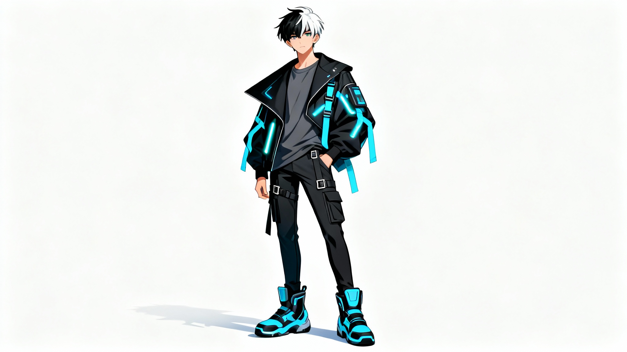 A full-body digital illustration of a male anime character in a futuristic black and blue streetwear outfit, posing against a clean white background.