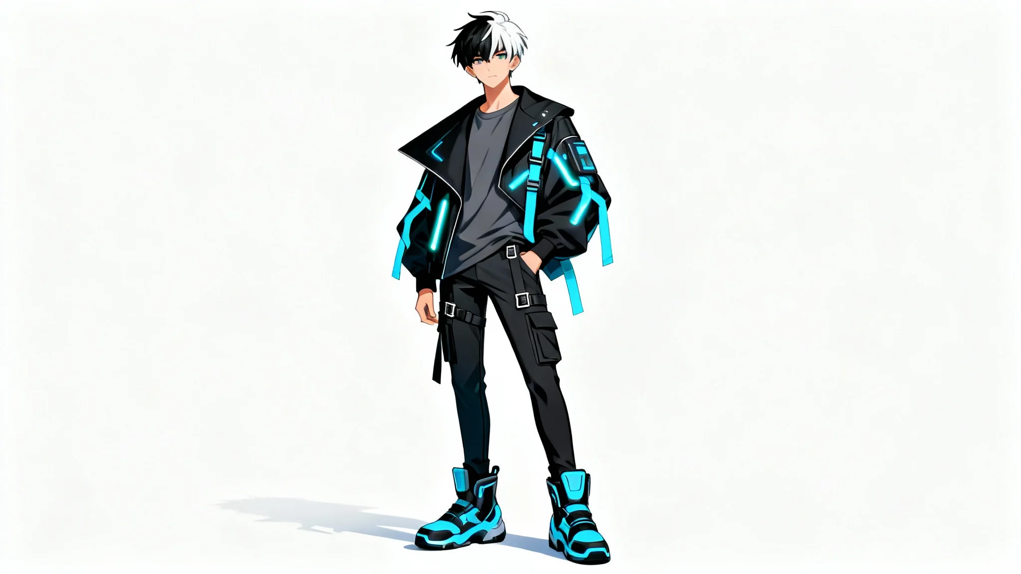 A full-body digital illustration of a male anime character in a futuristic black and blue streetwear outfit, posing against a clean white background.