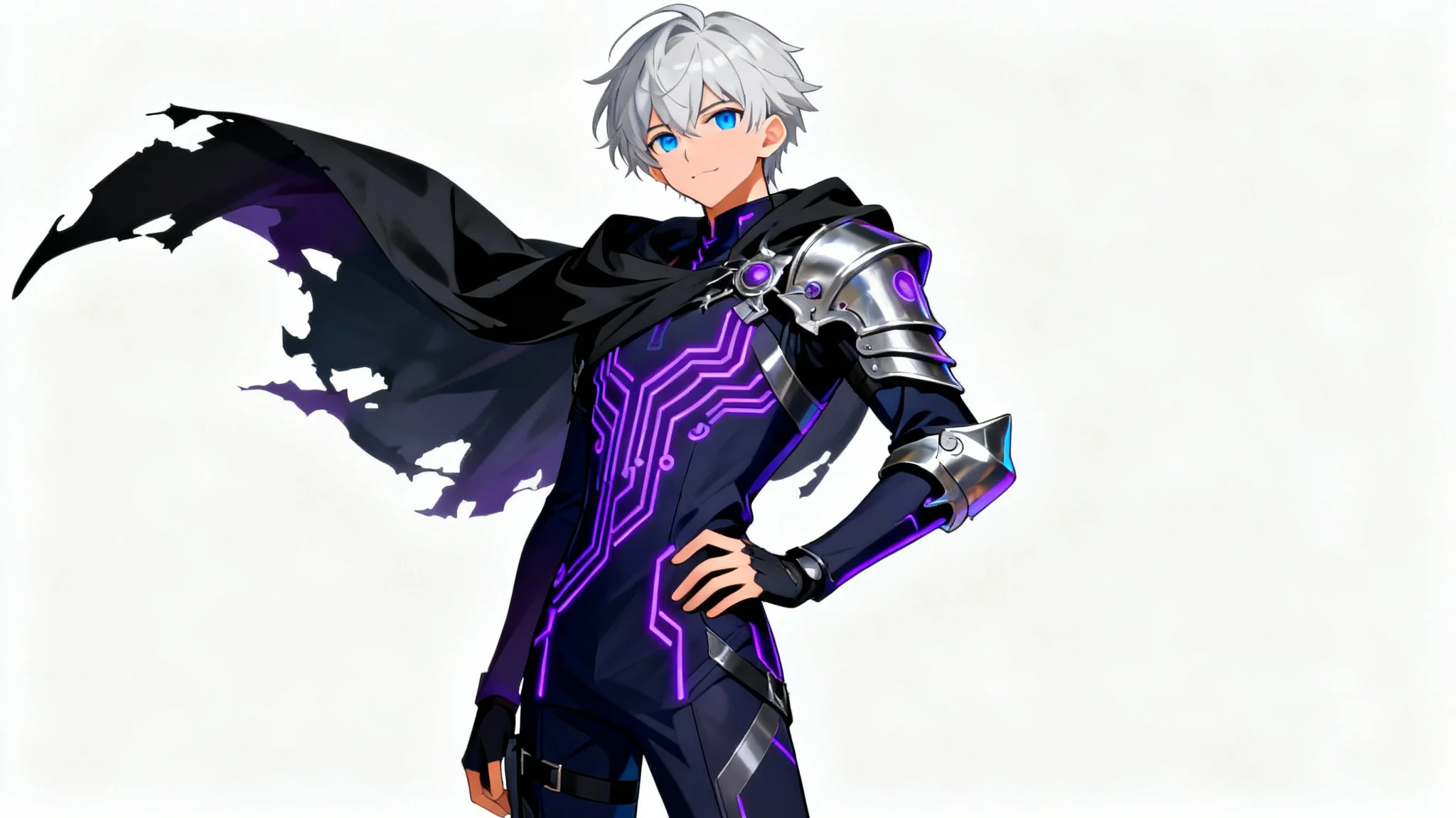 A full-body digital illustration of an anime character with silver hair wearing a futuristic, fantasy-inspired black and purple outfit against a plain white background.