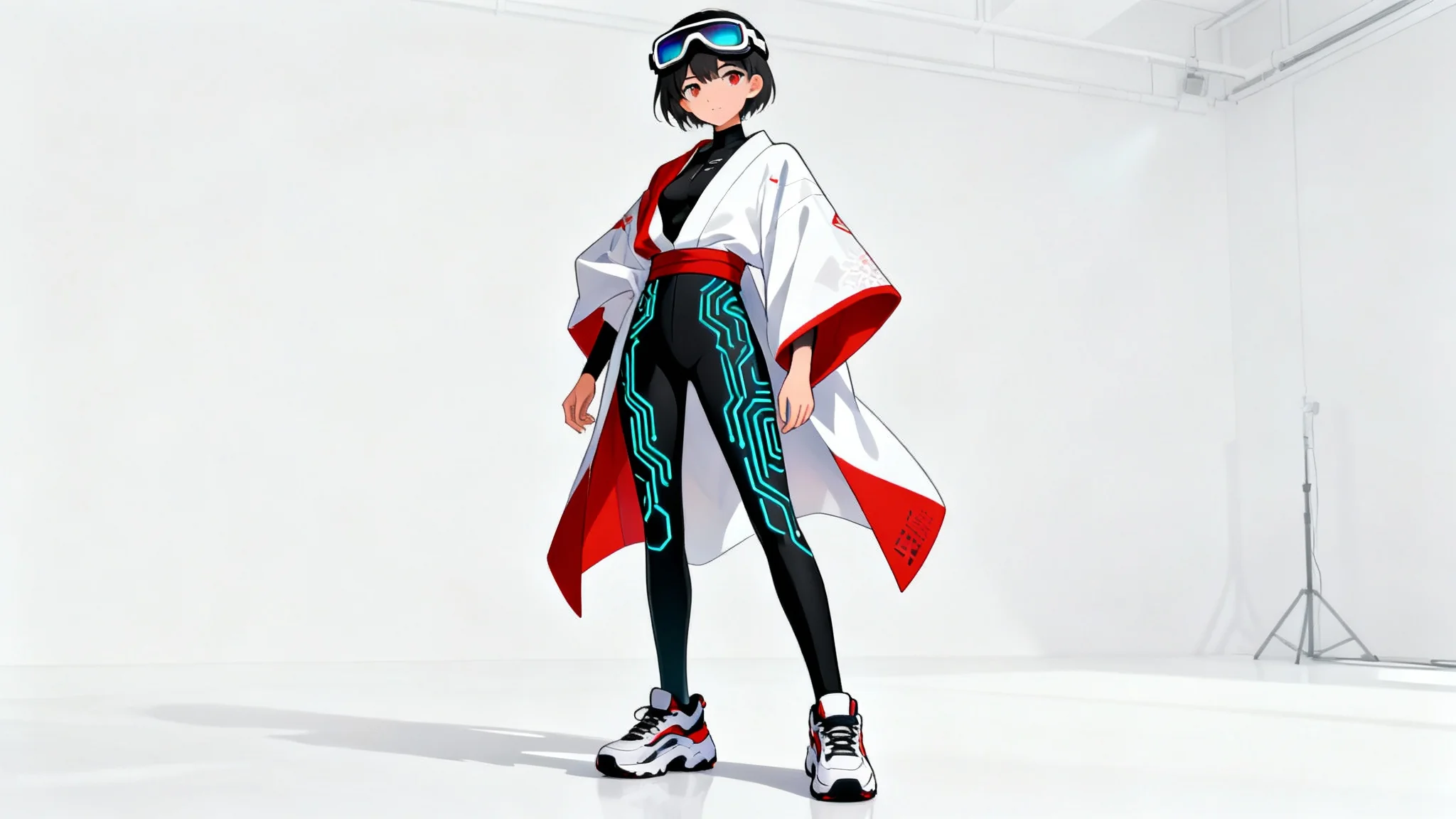 An anime character concept art showcasing a futuristic techwear outfit blended with traditional Japanese style, set against a clean white background.