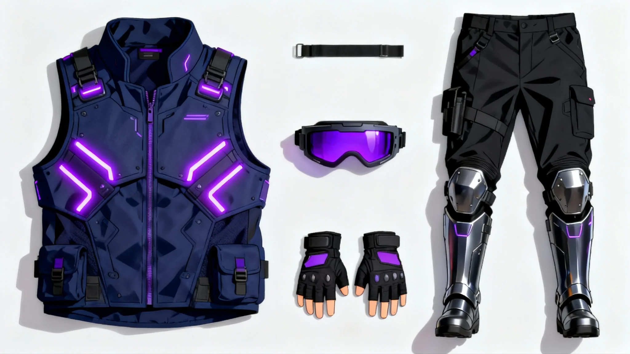 A flat lay of a futuristic anime battle outfit on a white background, including an armored vest with purple neon lights, combat trousers, and a high-tech visor.