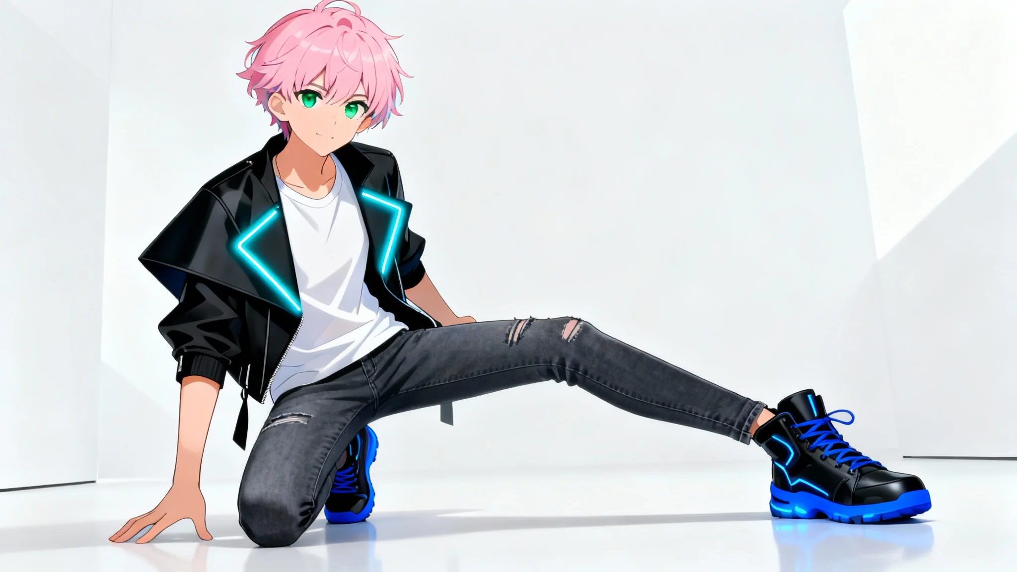 A full-body anime character mockup wearing a custom-designed futuristic outfit, featuring a black jacket with blue trim and matching sneakers, against a plain white background.