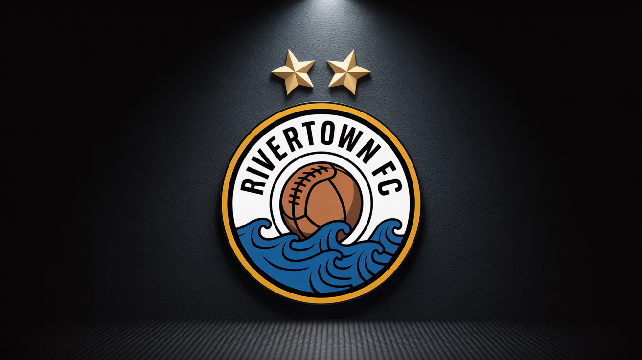A photorealistic hero image of the 'Rivertown FC' football club crest. The circular, gold-bordered crest features a football, blue waves, and the club name, with two stars above it, presented on a dark, textured background with cinematic lighting.