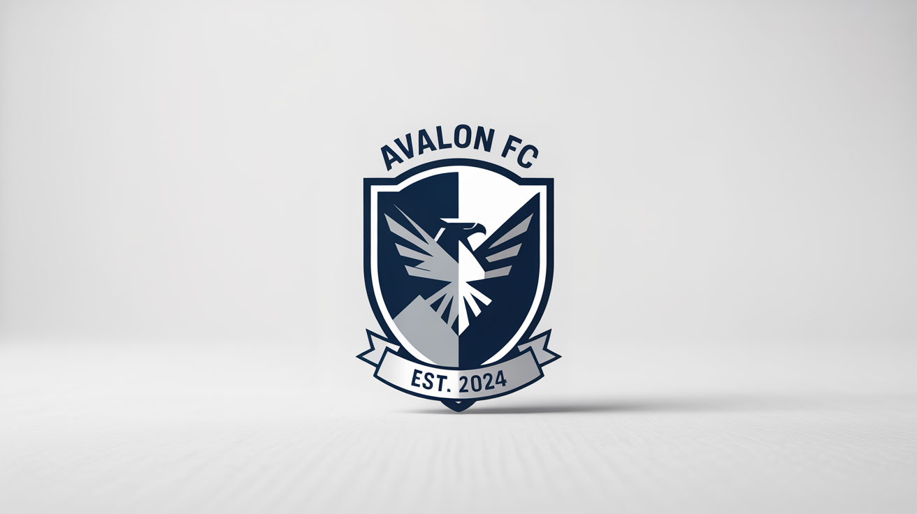 A professionally designed football club crest for 'Avalon FC', featuring a geometric eagle on a navy blue shield with silver accents and the founding year 'EST. 2024'.