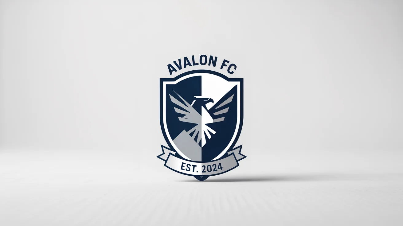 A professionally designed football club crest for 'Avalon FC', featuring a geometric eagle on a navy blue shield with silver accents and the founding year 'EST. 2024'.
