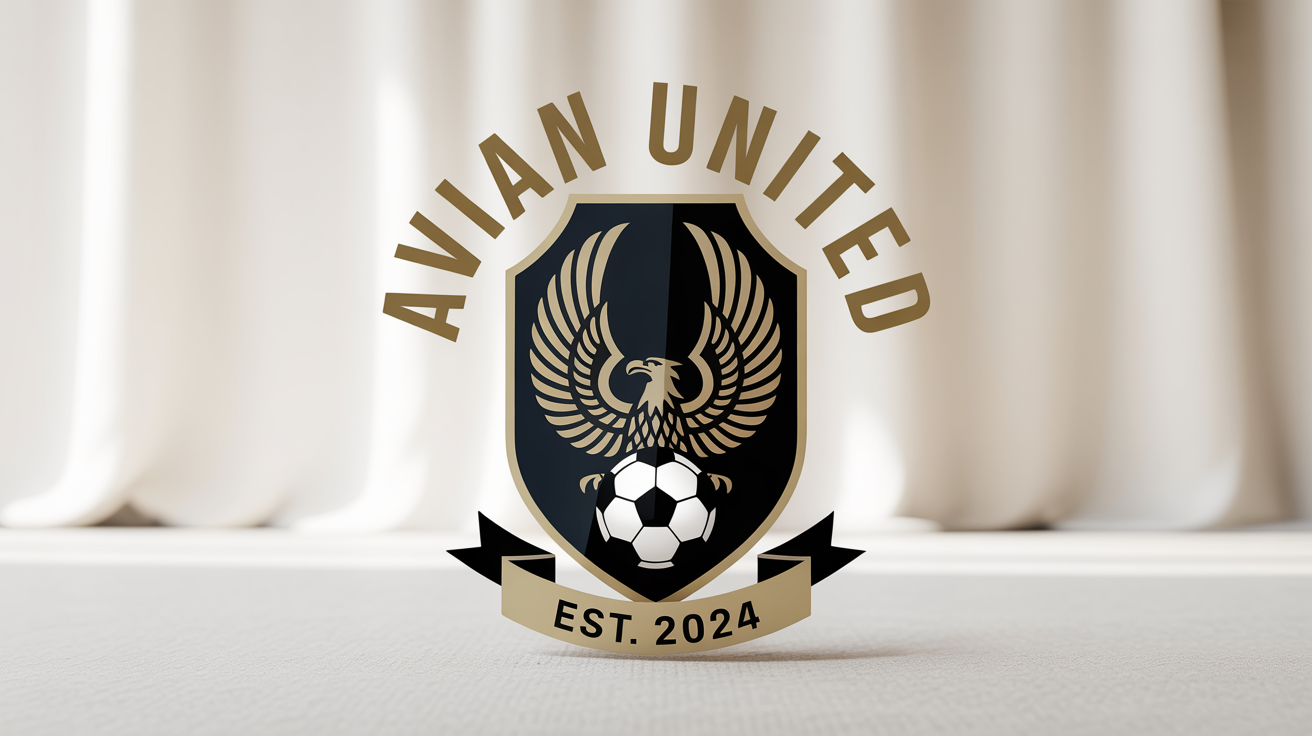 A modern football club crest for 'Avian United', featuring a golden eagle and a soccer ball on a navy blue shield, set against a plain white background.