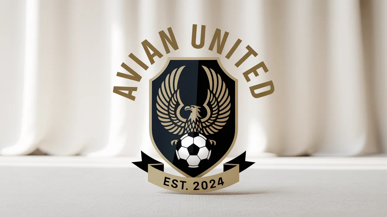 A modern football club crest for 'Avian United', featuring a golden eagle and a soccer ball on a navy blue shield, set against a plain white background.