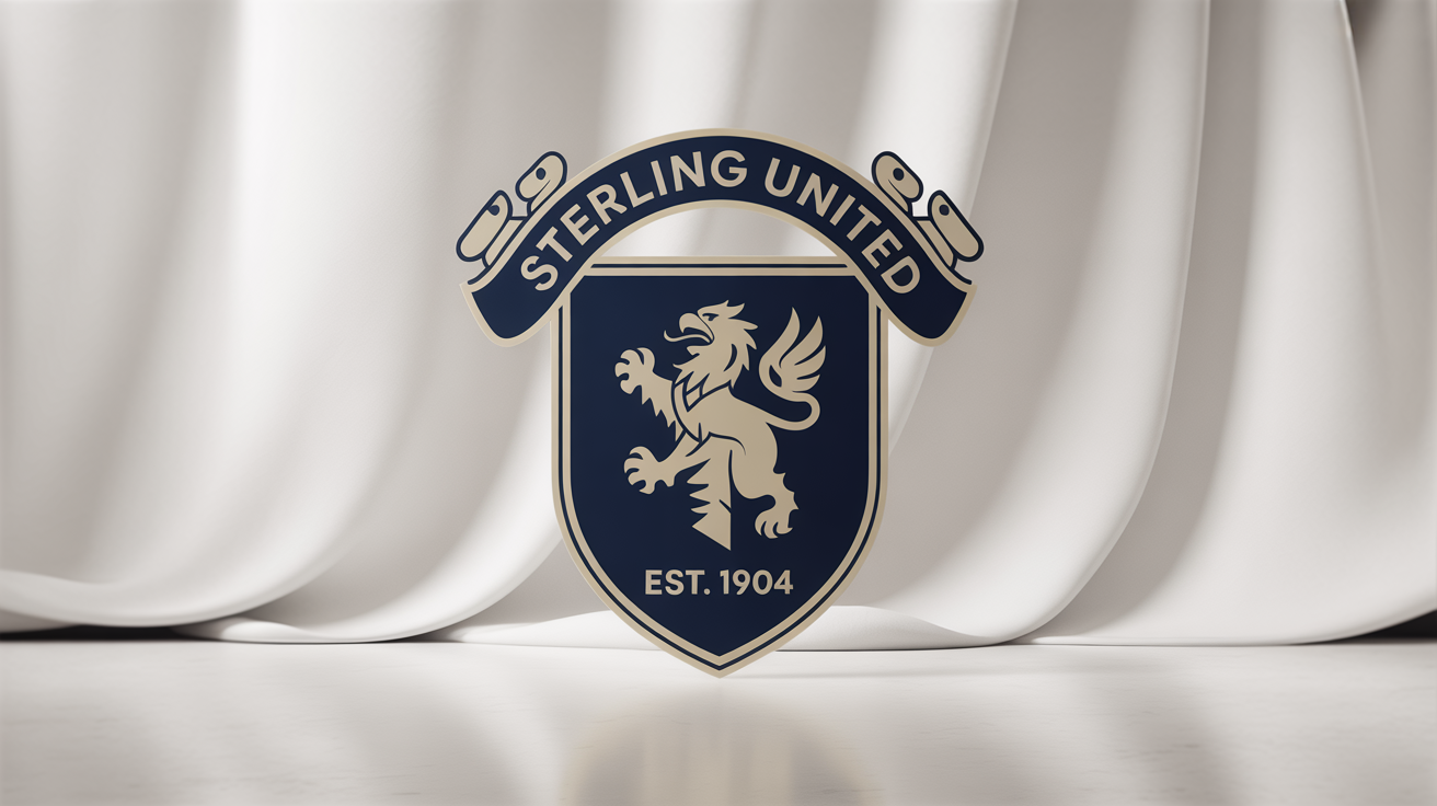 A professional mockup of a football club crest for 'Sterling United', featuring a golden griffin on a navy blue shield, set against a plain white background.