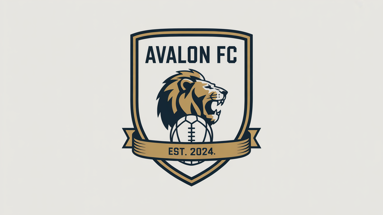 A professionally designed football club crest for a fictional team called 'AVALON FC', established in 2024. The crest is a shield featuring a golden lion, a football, and the team name on a white background.
