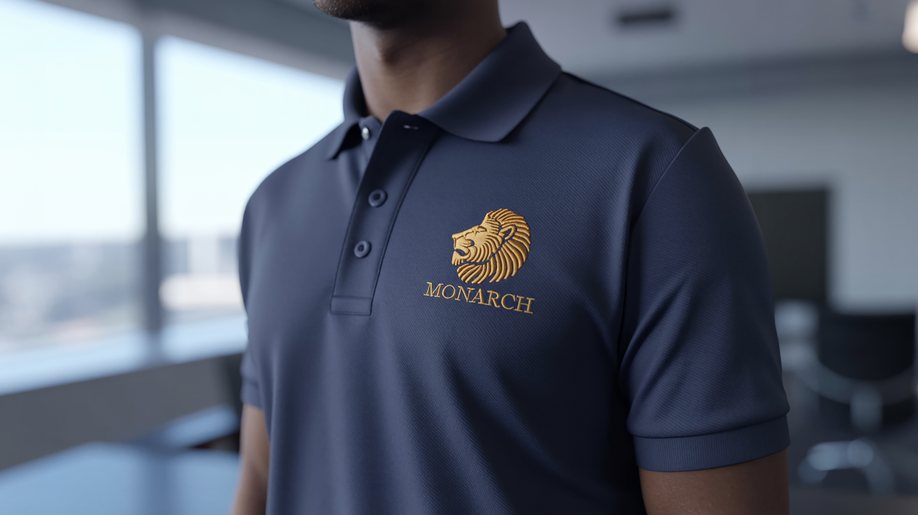 A close-up of a person wearing a navy blue polo shirt, with a detailed embroidered golden lion logo and the word 'MONARCH' on the left chest.