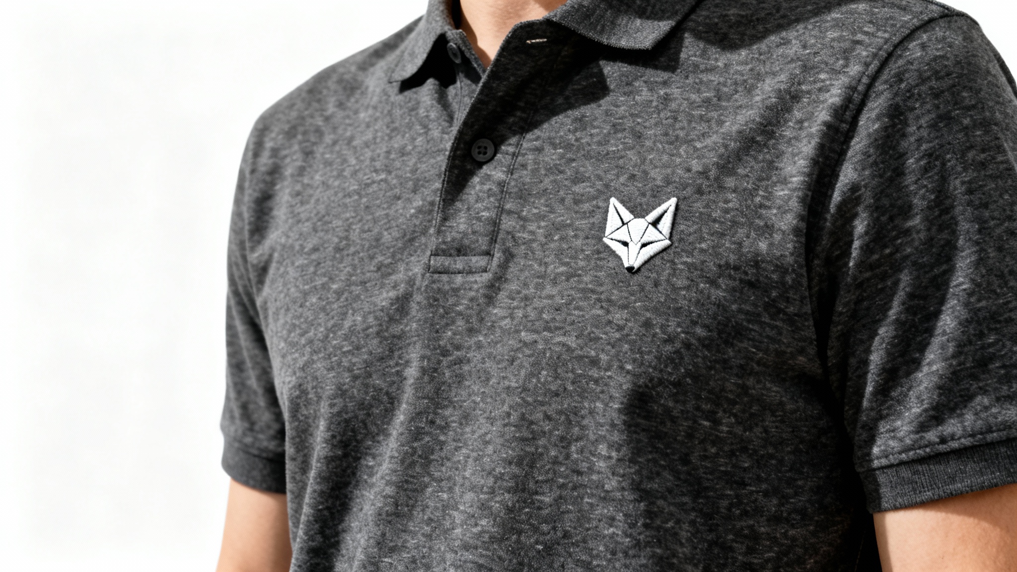 A close-up product shot of a dark charcoal gray polo shirt with a small, white embroidered logo of a geometric fox head on the left chest, set against a plain white background.