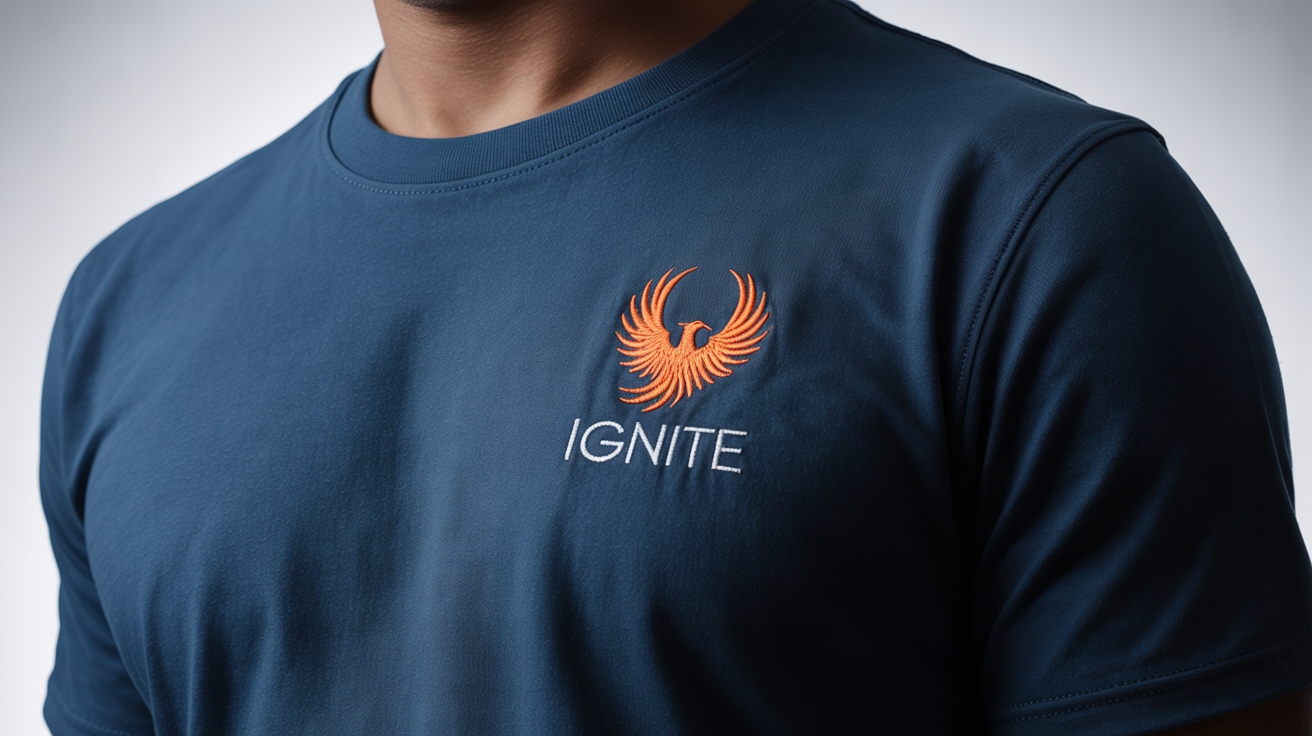 A close-up product shot of a small, embroidered logo of a phoenix and the word 'IGNITE' on the left chest of a navy blue t-shirt, set against a clean white background.