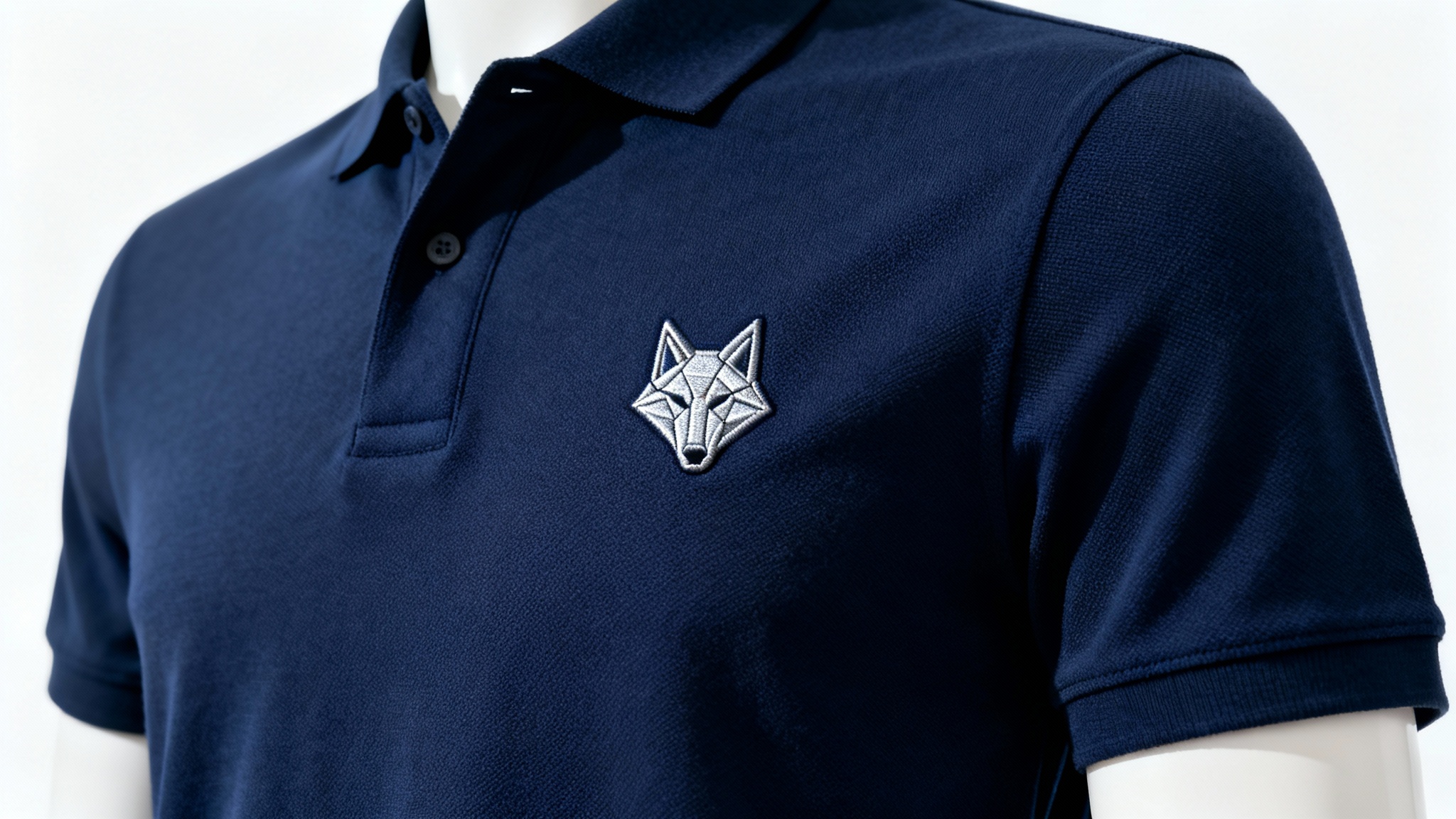 A close-up product photo of a navy blue polo shirt, showing a detailed, silver embroidered logo of a geometric wolf head on the left chest against a white background.