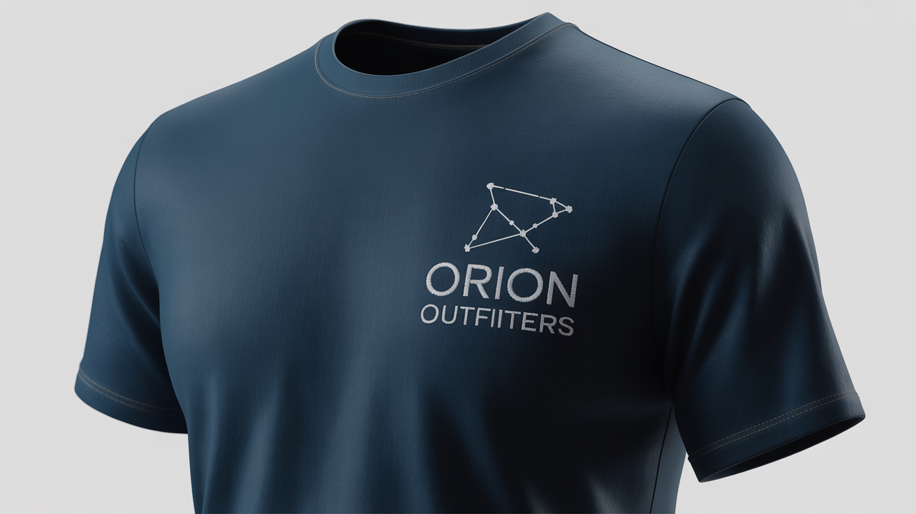 A close-up product shot of a navy blue t-shirt, showing a detailed embroidered logo on the left chest that says 'Orion Outfitters' with a silver constellation above it.