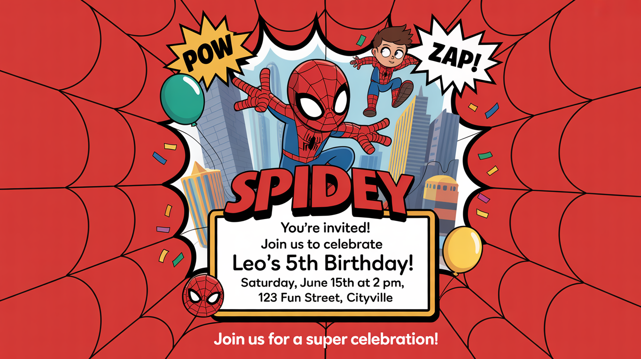 A finished birthday party invitation for a 'Spidey and His Amazing Friends' themed party, featuring a red comic-book style background, illustrations of Spidey, and placeholder party details.