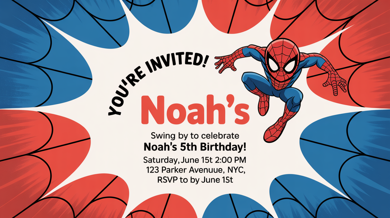 A mockup of a children's birthday party invitation with a red and blue spider-superhero theme. The invitation reads 'You're Invited!' and 'Swing by to celebrate Noah's 5th Birthday!'