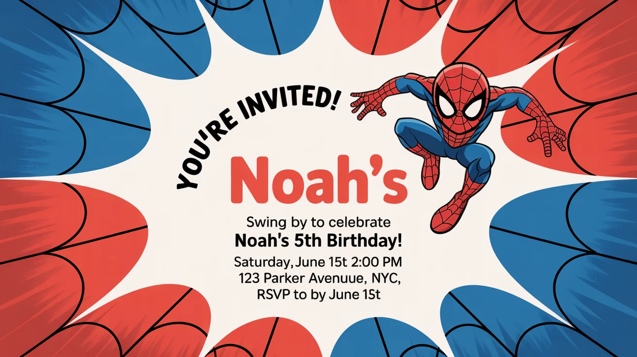 A mockup of a children's birthday party invitation with a red and blue spider-superhero theme. The invitation reads 'You're Invited!' and 'Swing by to celebrate Noah's 5th Birthday!'