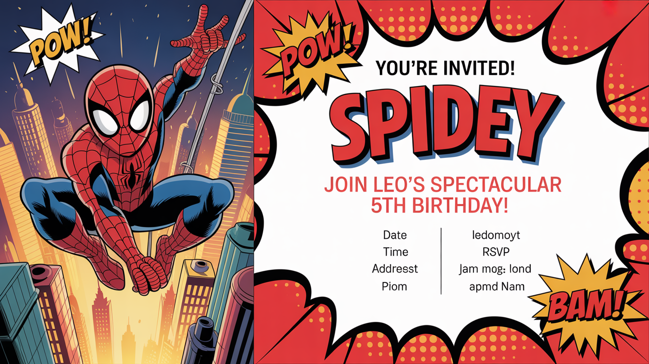 A mockup of a Spidey-themed birthday party invitation for a child named Leo, featuring a cartoon superhero and party details, set against a plain white background.