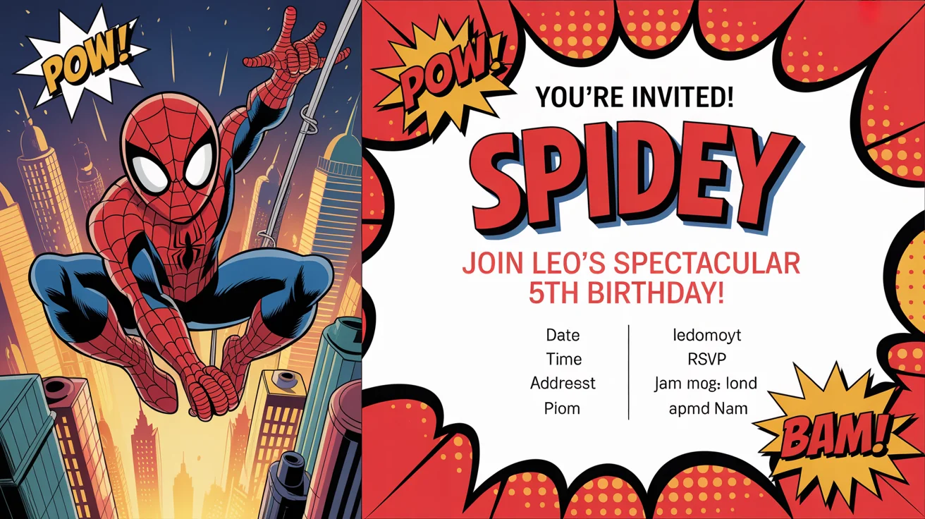 A mockup of a Spidey-themed birthday party invitation for a child named Leo, featuring a cartoon superhero and party details, set against a plain white background.