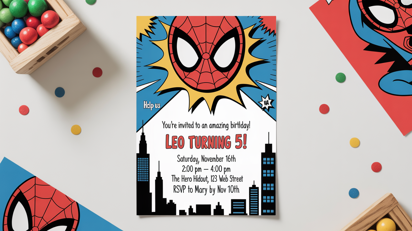 A mockup of a Spidey-themed birthday party invitation for a child named Leo, shown flat against a white background. The design is red and blue with a city skyline and spiderwebs.