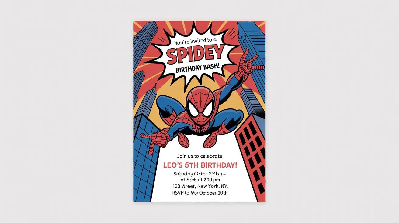 A mockup of a Spidey-themed birthday party invitation for a child named Leo, set against a white background. The invite is red and blue with spiderweb graphics and a city skyline.