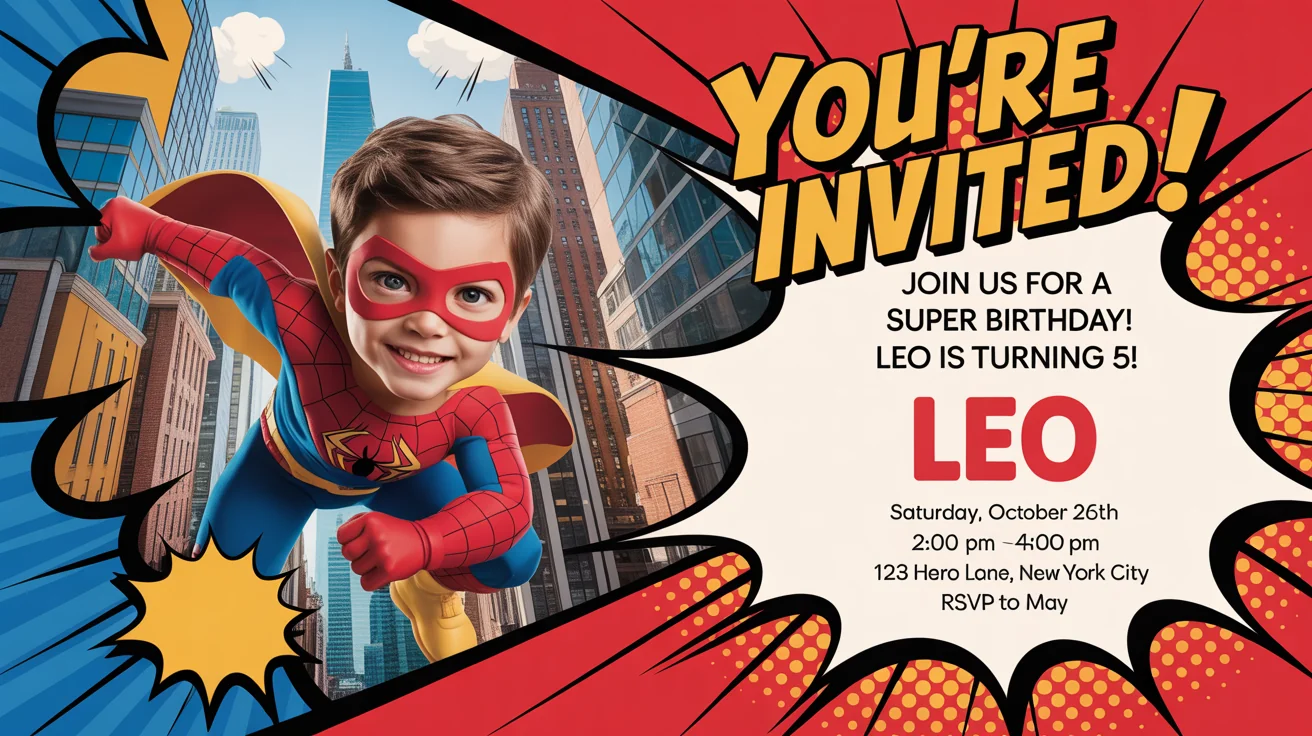 A mockup of a Spider-Man themed birthday party invitation for a child's fifth birthday, featuring red and blue colors, spiderwebs, and event details against a clean white background.