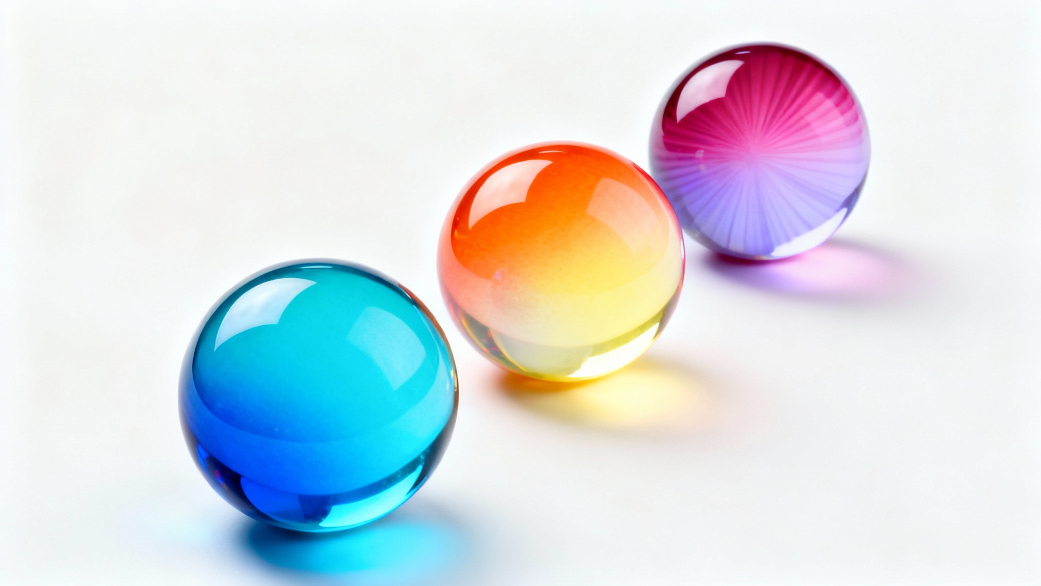 A photorealistic mockup of three glossy spheres, each displaying a different vibrant color gradient (blue-to-turquoise, orange-to-yellow, magenta-to-lavender) against a plain white background, illustrating a gradient generator.