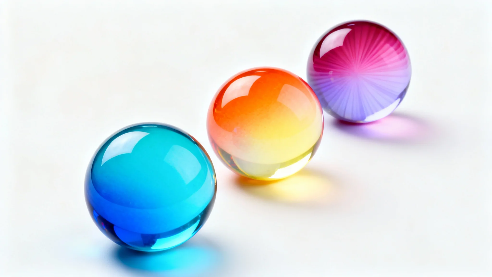 A photorealistic mockup of three glossy spheres, each displaying a different vibrant color gradient (blue-to-turquoise, orange-to-yellow, magenta-to-lavender) against a plain white background, illustrating a gradient generator.