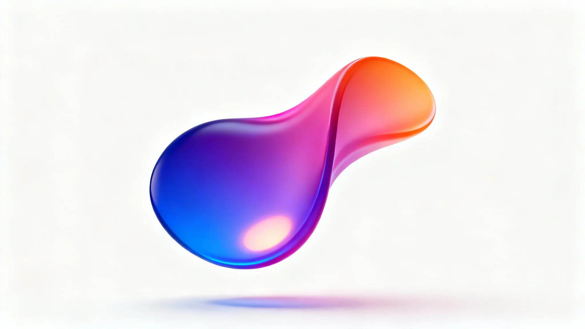 A colorful 3D abstract shape with a smooth gradient from blue to magenta to orange, floating against a plain white background.