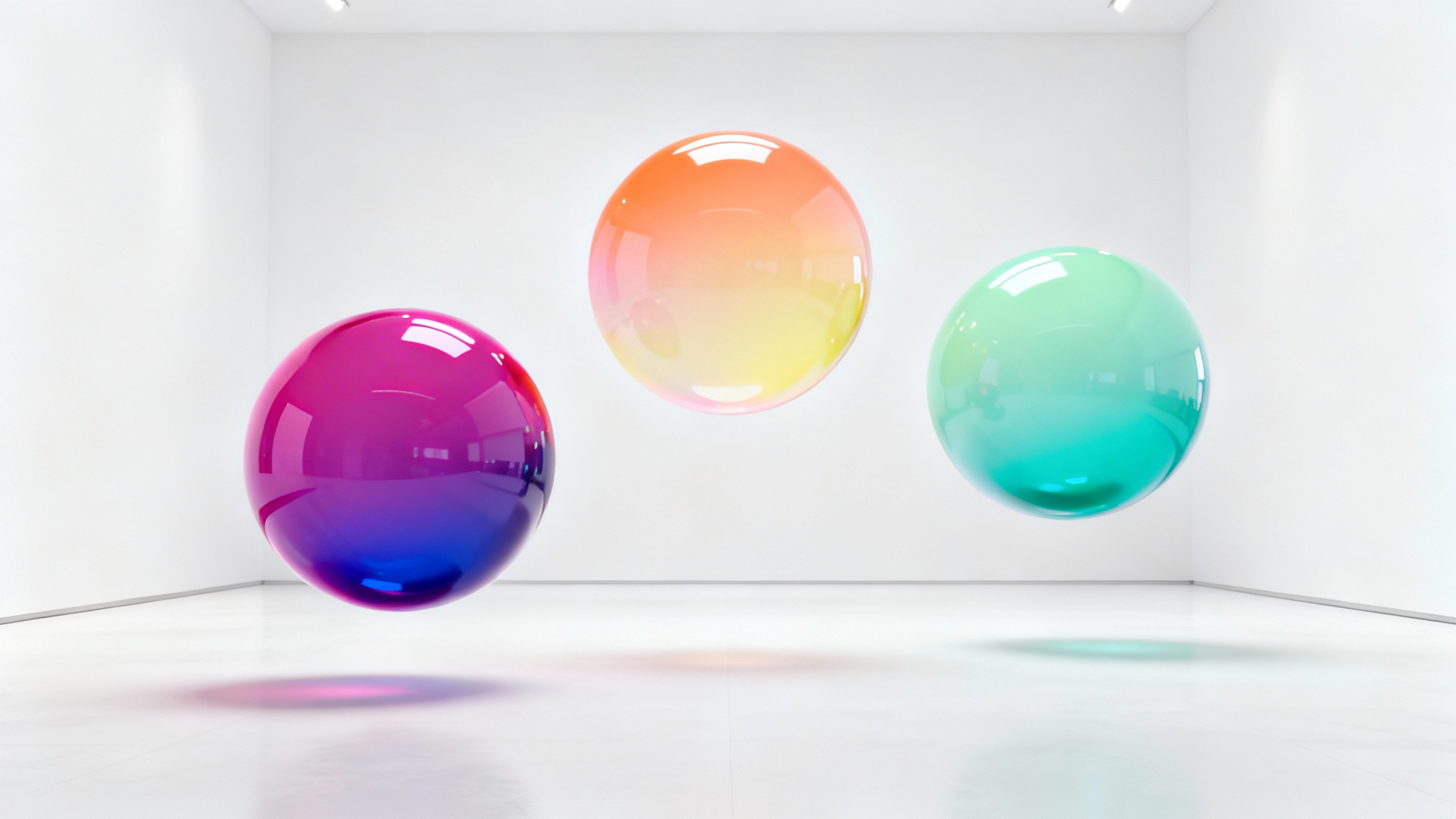 Three glossy spheres, each with a unique and smooth color gradient, floating against a clean white background, demonstrating a gradient generator.