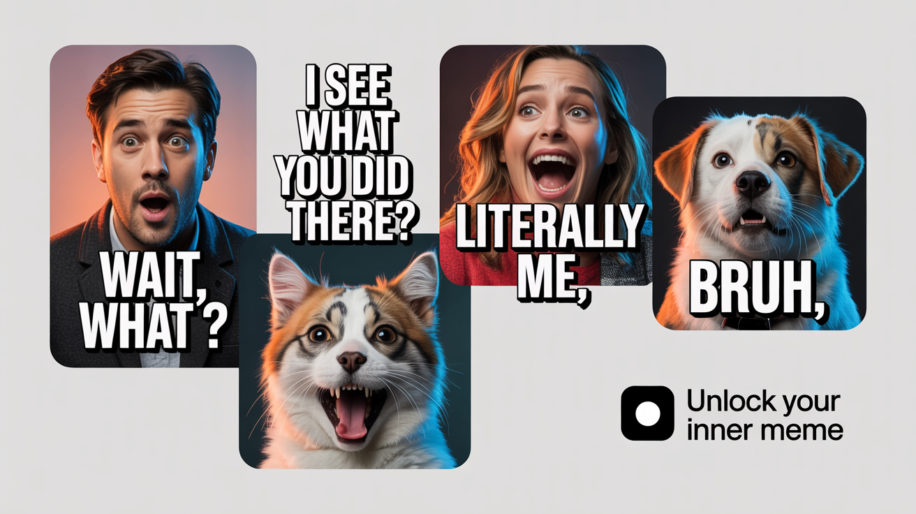 A vibrant 16:9 hero image displaying a grid of four different polished reaction images, demonstrating a tool's final output for creating internet memes.