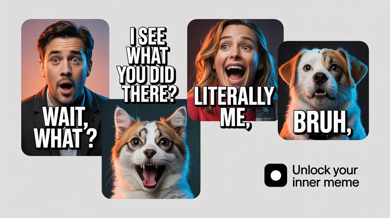 A vibrant 16:9 hero image displaying a grid of four different polished reaction images, demonstrating a tool's final output for creating internet memes.