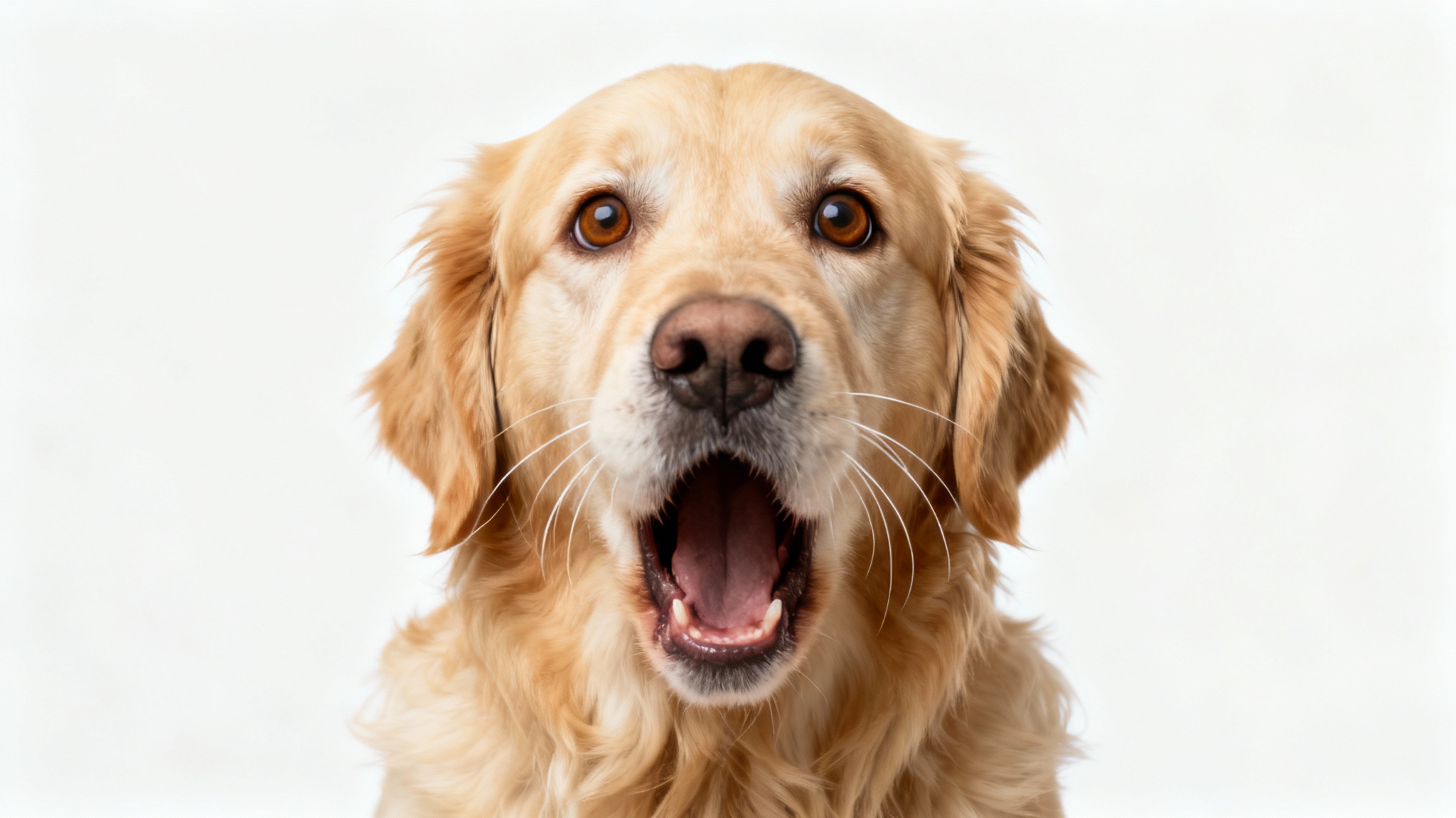 A photorealistic close-up photograph of a golden retriever with a comical, shocked expression, its mouth and eyes wide open, set against a solid white background.