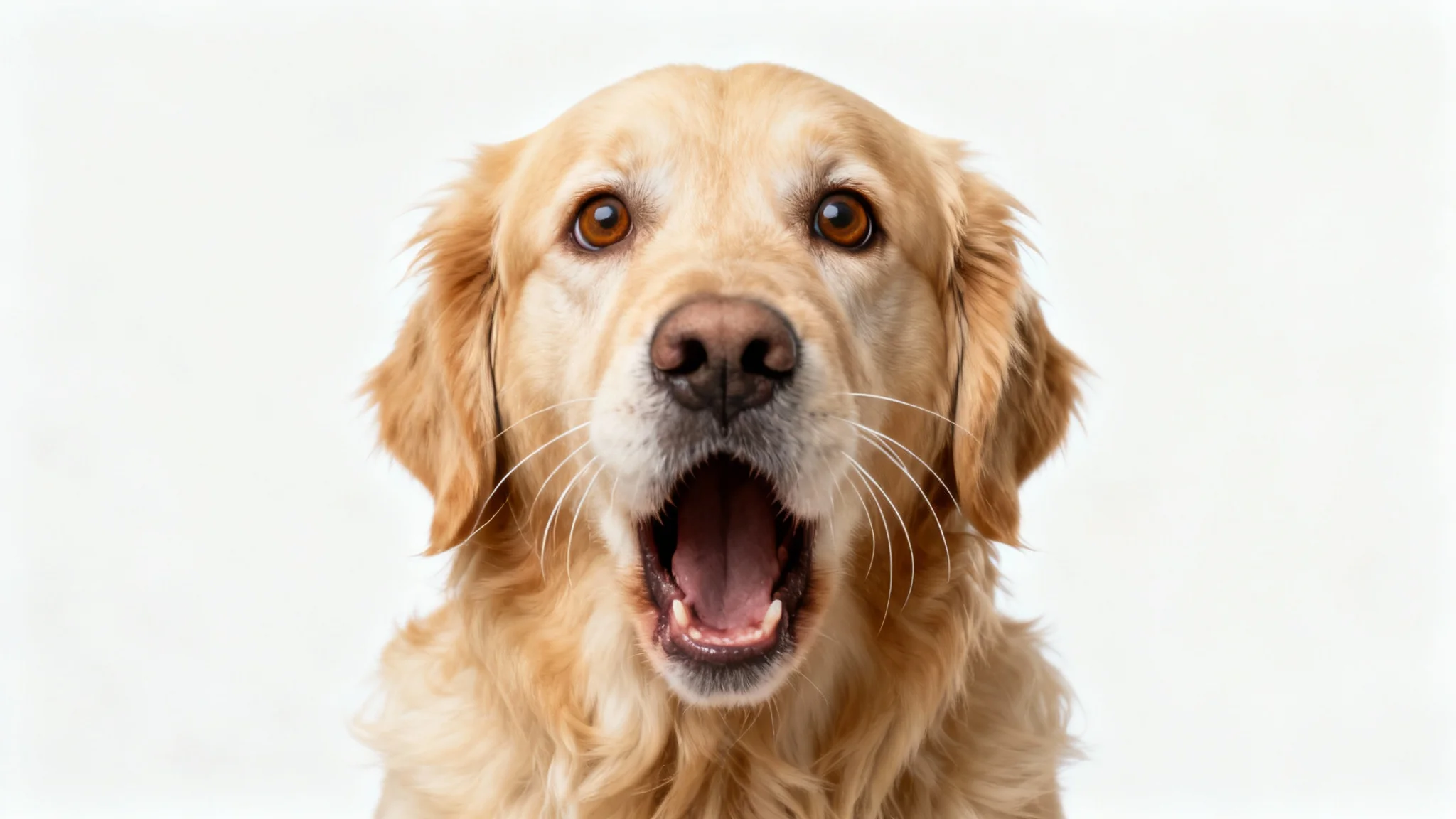 A photorealistic close-up photograph of a golden retriever with a comical, shocked expression, its mouth and eyes wide open, set against a solid white background.