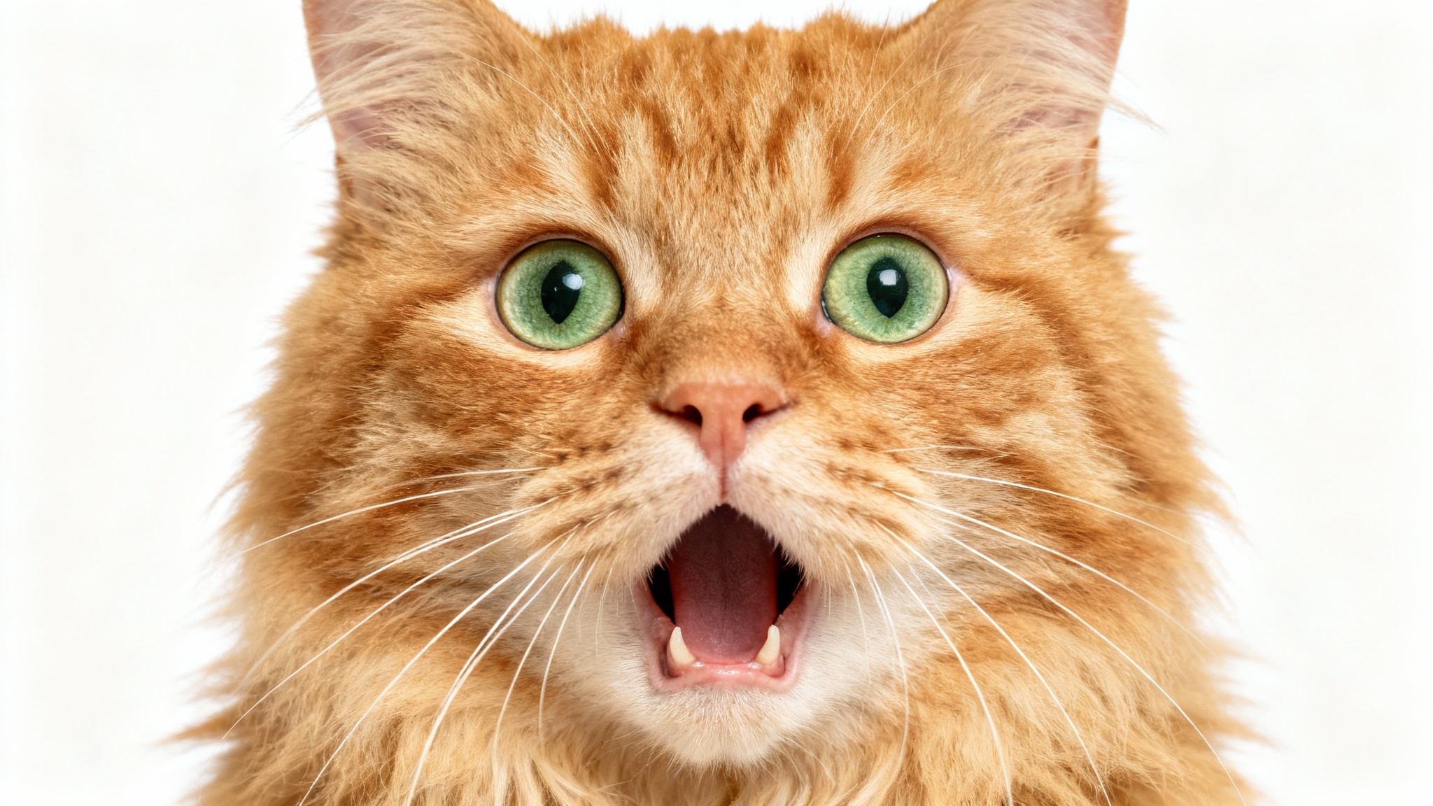 A close-up photo of a ginger cat with a shocked and funny expression, wide eyes, and an open mouth, on a plain white background.