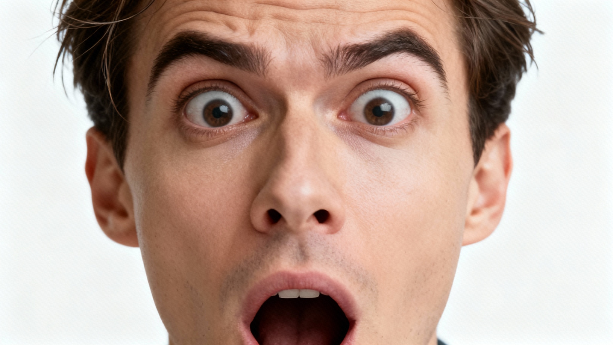 A hyper-realistic image of a person's face showing an exaggerated expression of shock and surprise, representing a typical reaction image, on a clean white background.
