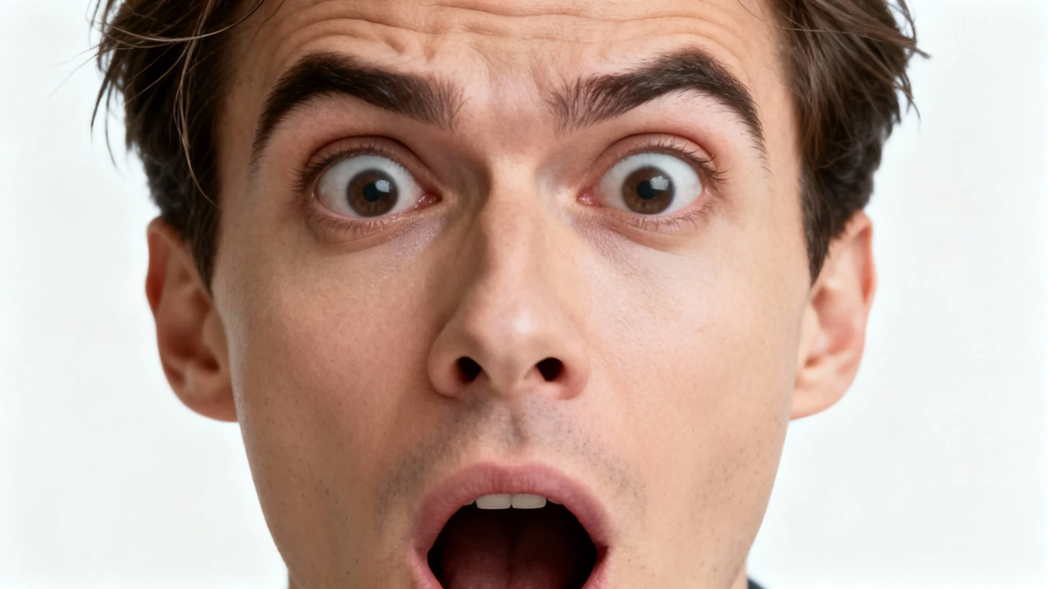A hyper-realistic image of a person's face showing an exaggerated expression of shock and surprise, representing a typical reaction image, on a clean white background.