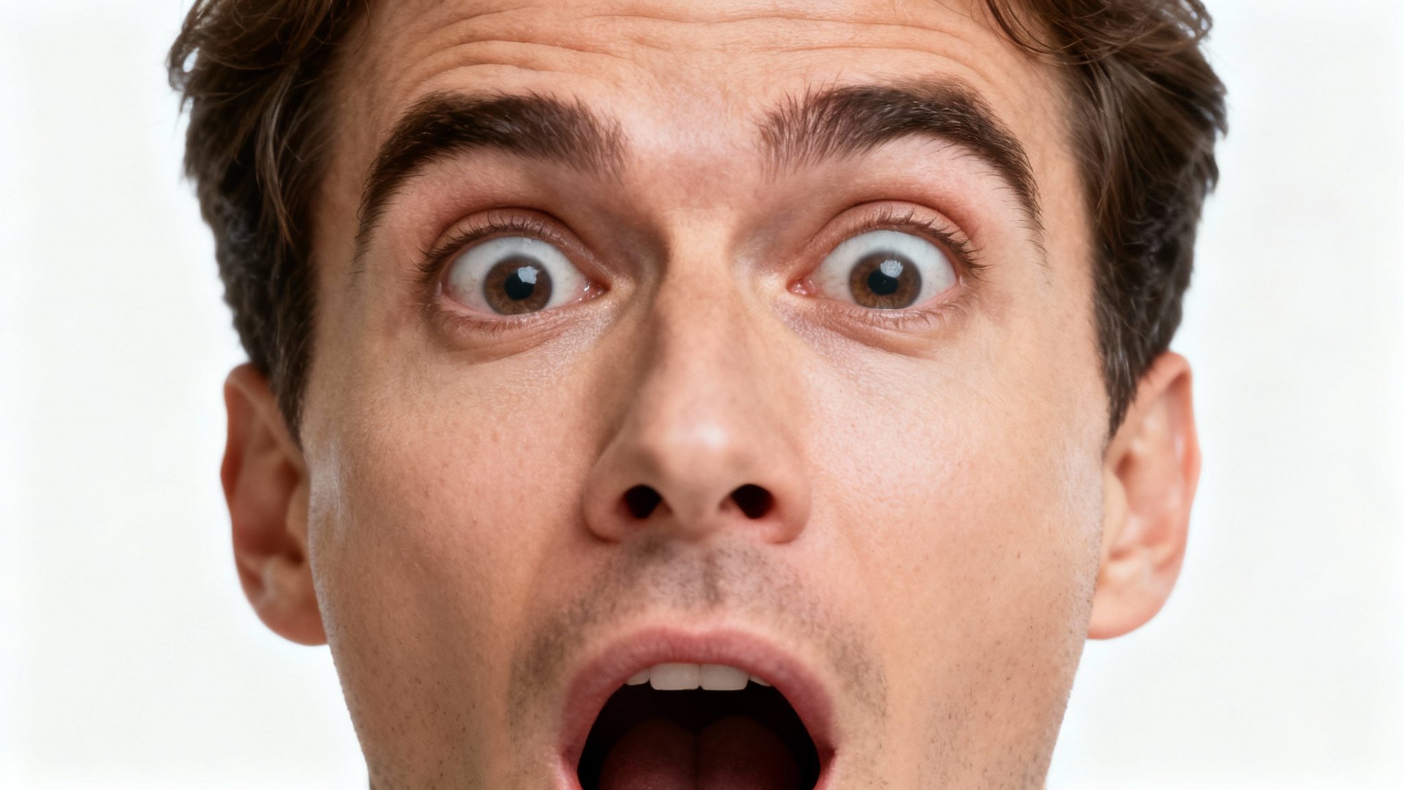 A hyper-realistic studio photo of a man's face with a comically exaggerated expression of shock, representing a classic reaction image, set against a plain white background.